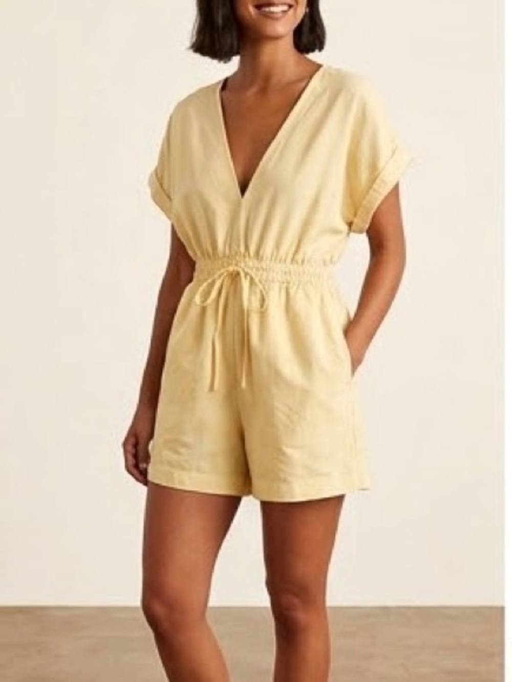 Zara Pale Yellow V-Neck Drawstring Romper